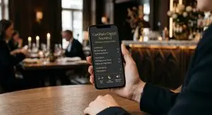 Blog Mão segurando um celular que mostra o Cardápio Digital Acessível, com entradas, pratos principais, sobremesa e botões de tamanho de texto, alto contraste e narração por voz, em um restaurante com iluminação aconchegante