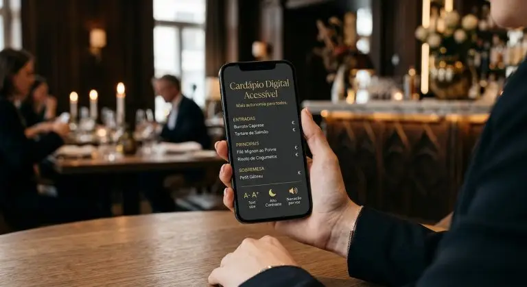 Mão segurando um celular que mostra o Cardápio Digital Acessível, com entradas, pratos principais, sobremesa e botões de tamanho de texto, alto contraste e narração por voz, em um restaurante com iluminação aconchegante